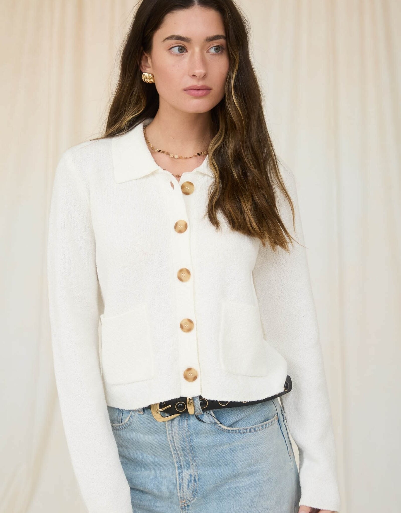 Miss Bliss Workshop Collared Button Down Ls Knit Cardi-Ivory