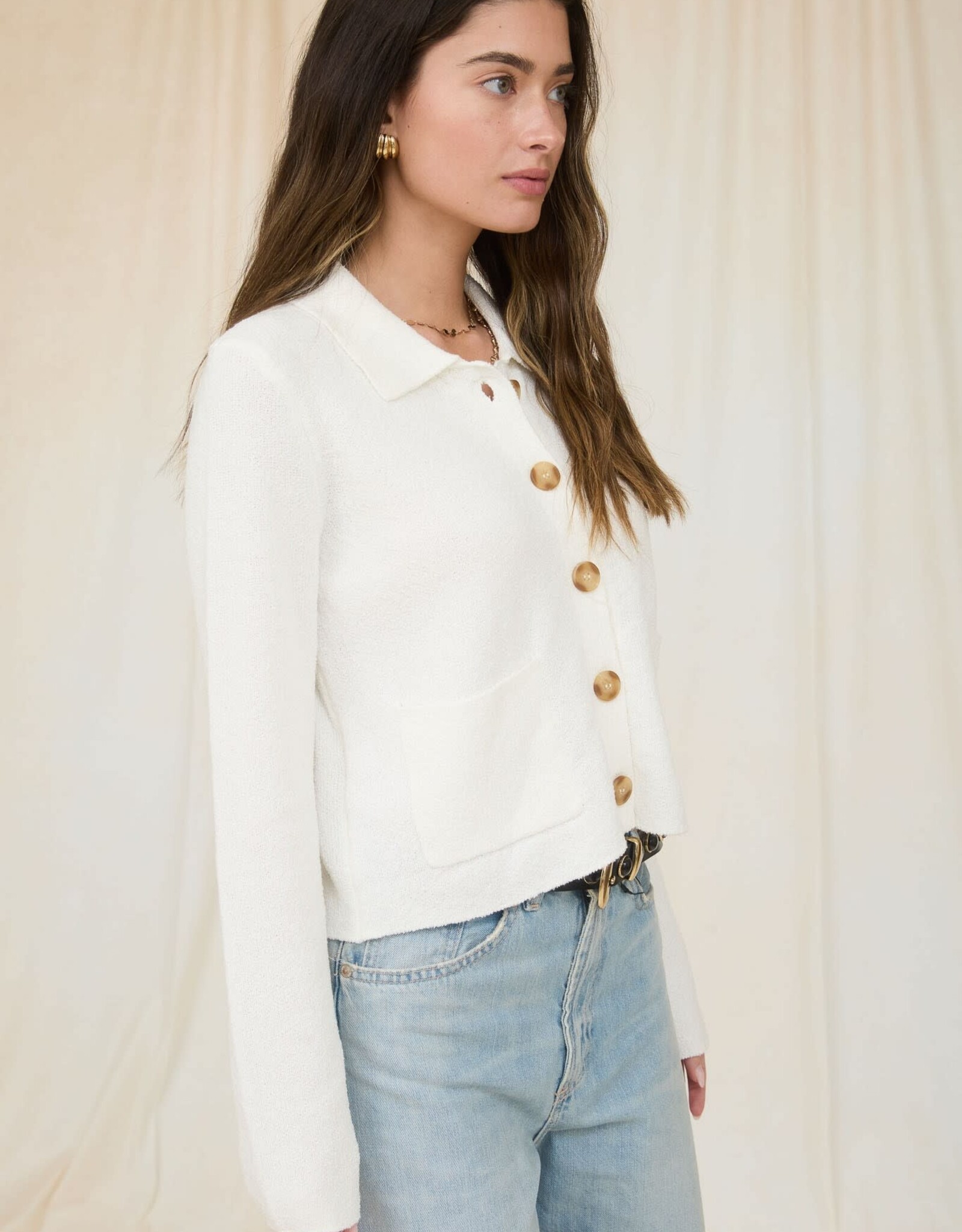 Miss Bliss Workshop Collared Button Down Ls Knit Cardi-Ivory