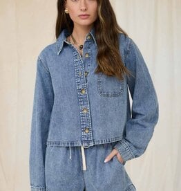 Miss Bliss Light Wash Collared Boxy Denim Shirt-Denim