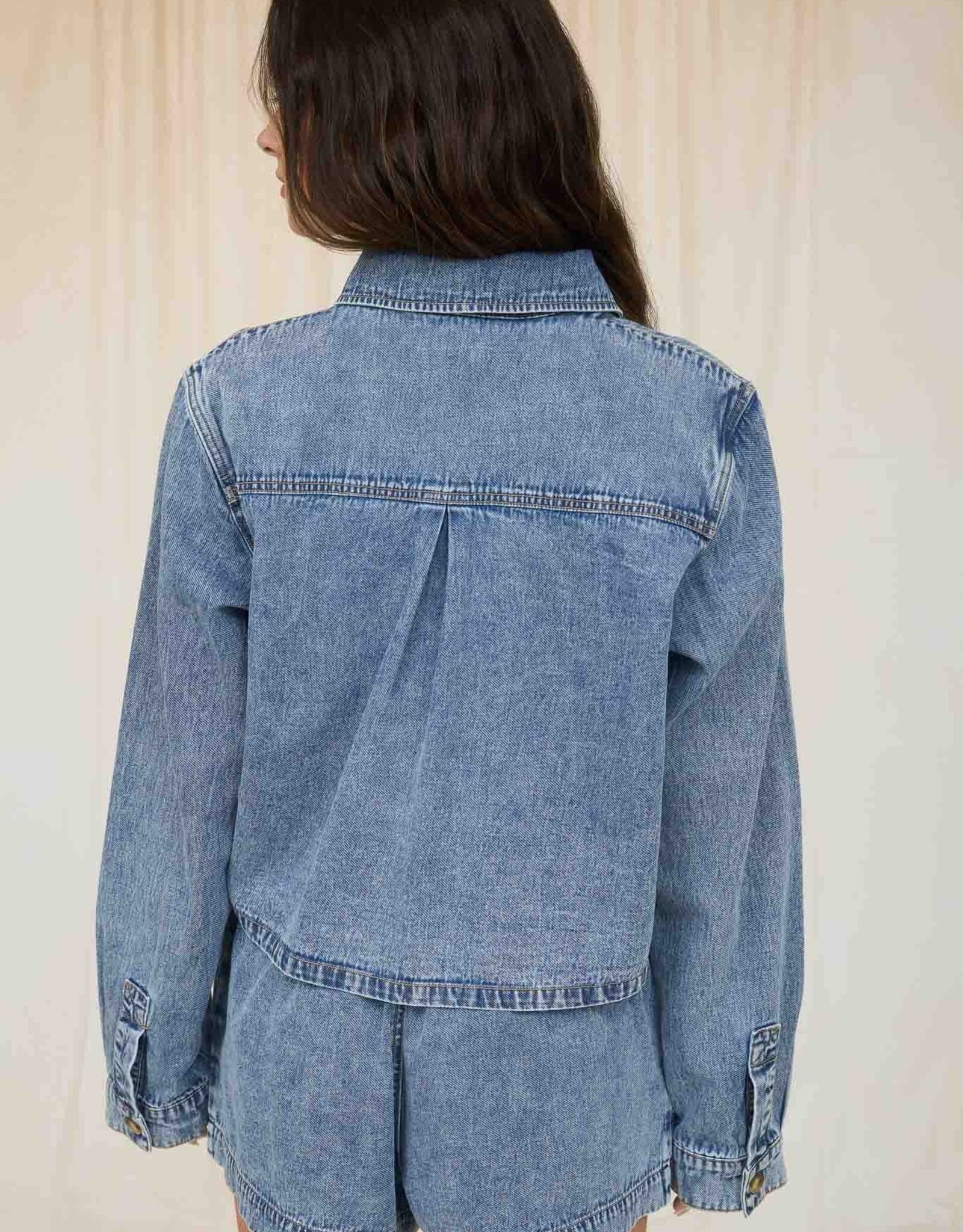 Miss Bliss Workshop Wash Collared Ls Boxy Denim Shirt-Denim