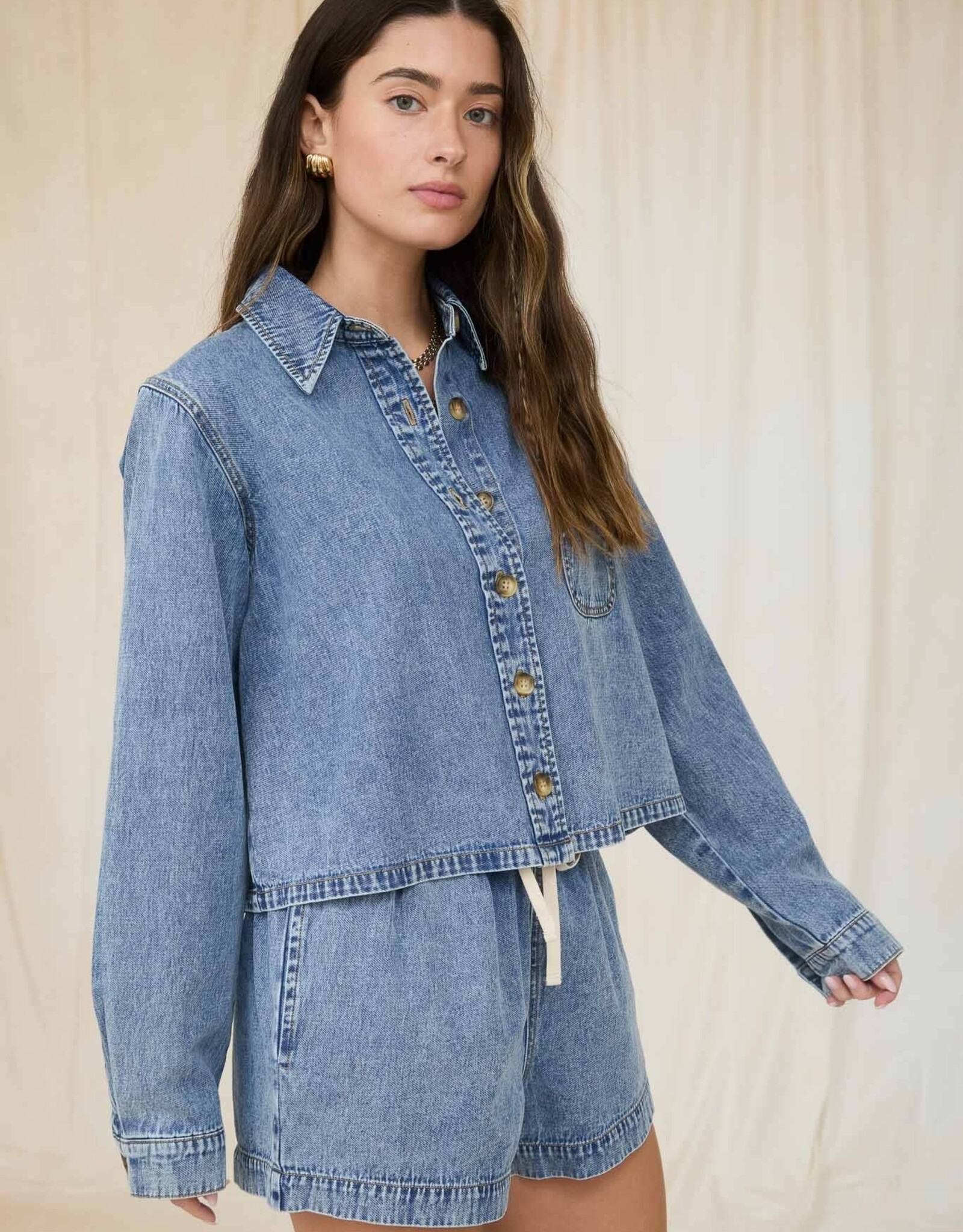 Miss Bliss Workshop Wash Collared Ls Boxy Denim Shirt-Denim