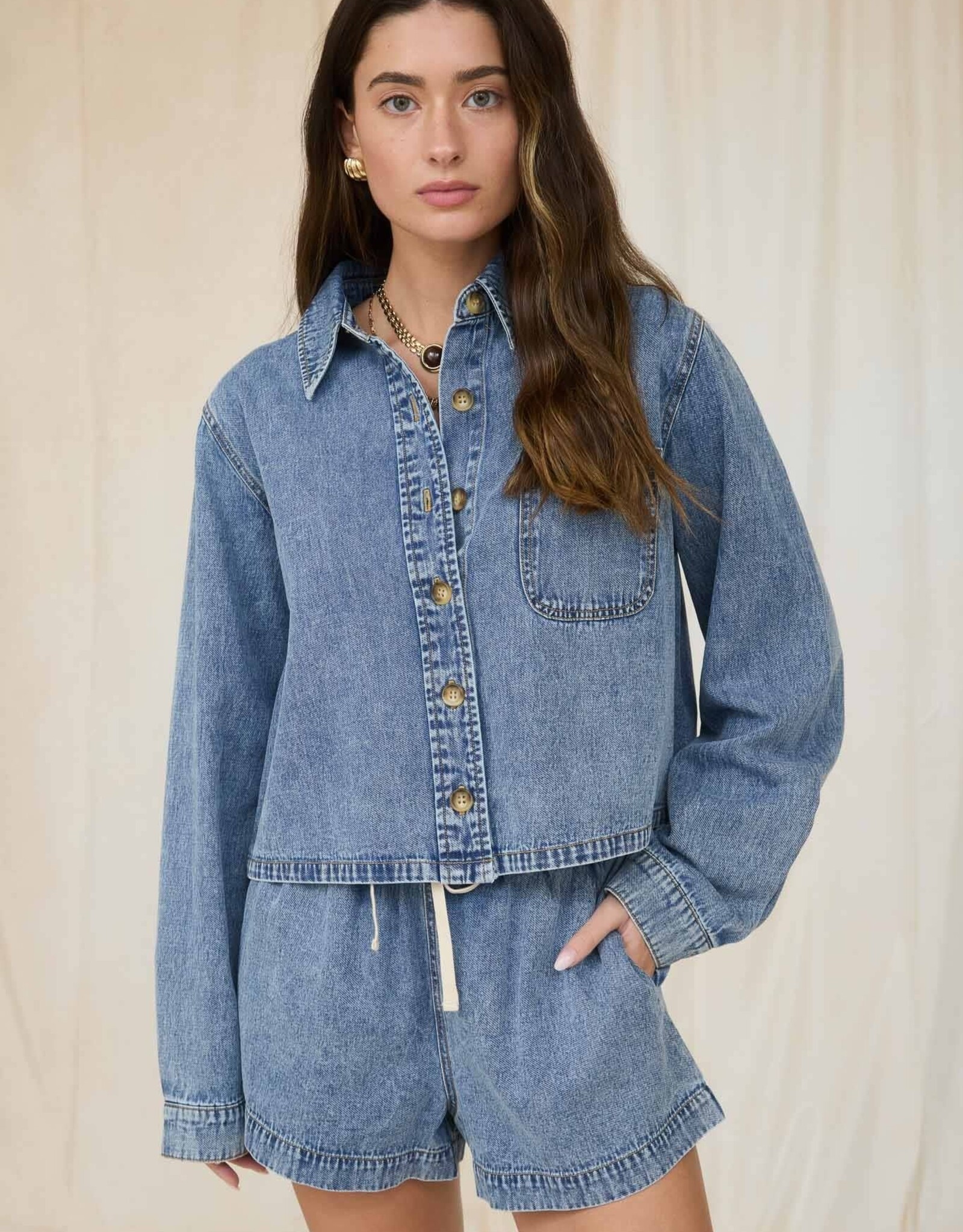 Miss Bliss Workshop Wash Collared Ls Boxy Denim Shirt-Denim