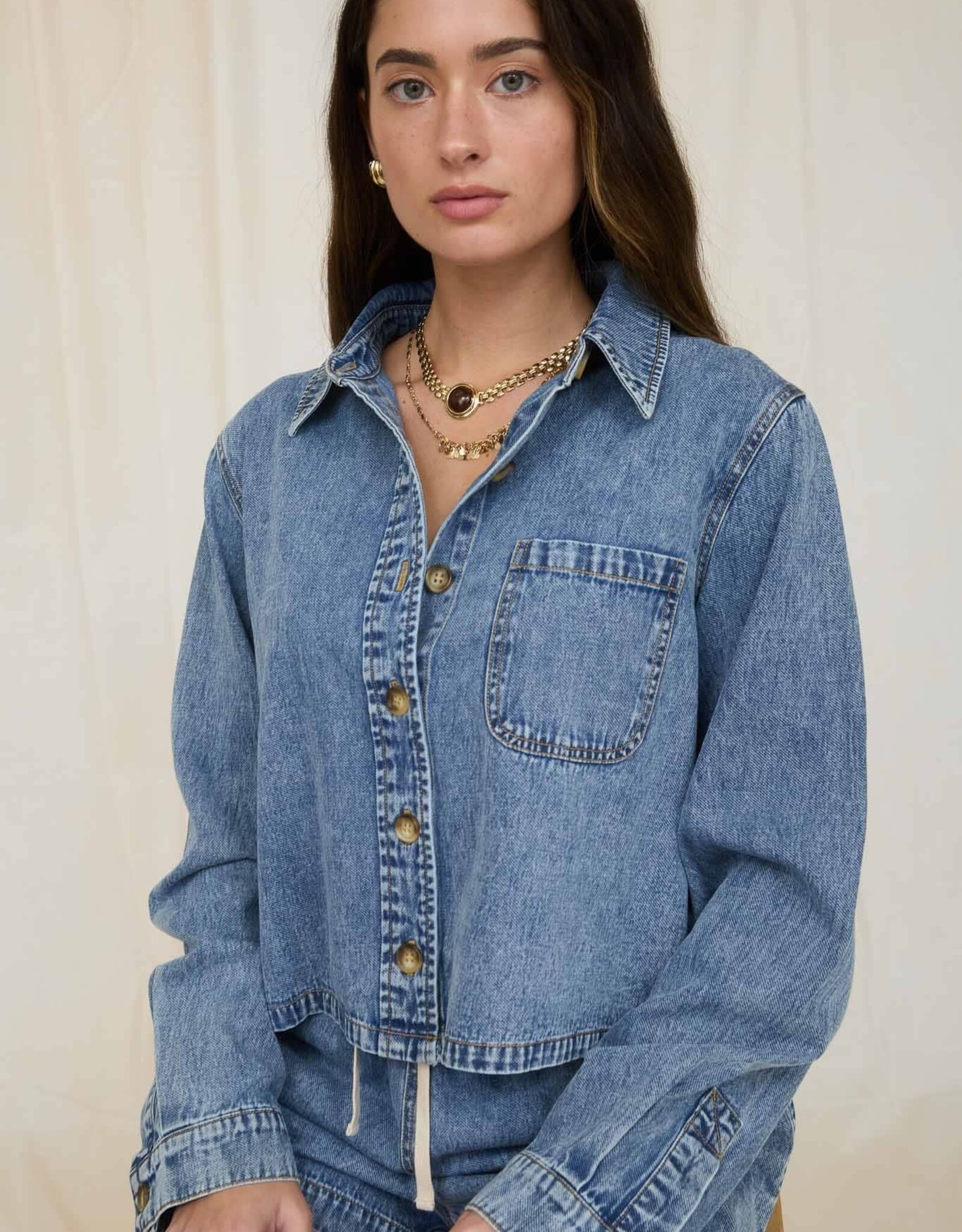 Miss Bliss Workshop Wash Collared Ls Boxy Denim Shirt-Denim