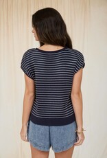 Miss Bliss Workshop Stripe Scoop Neck Button Up Top-Navy