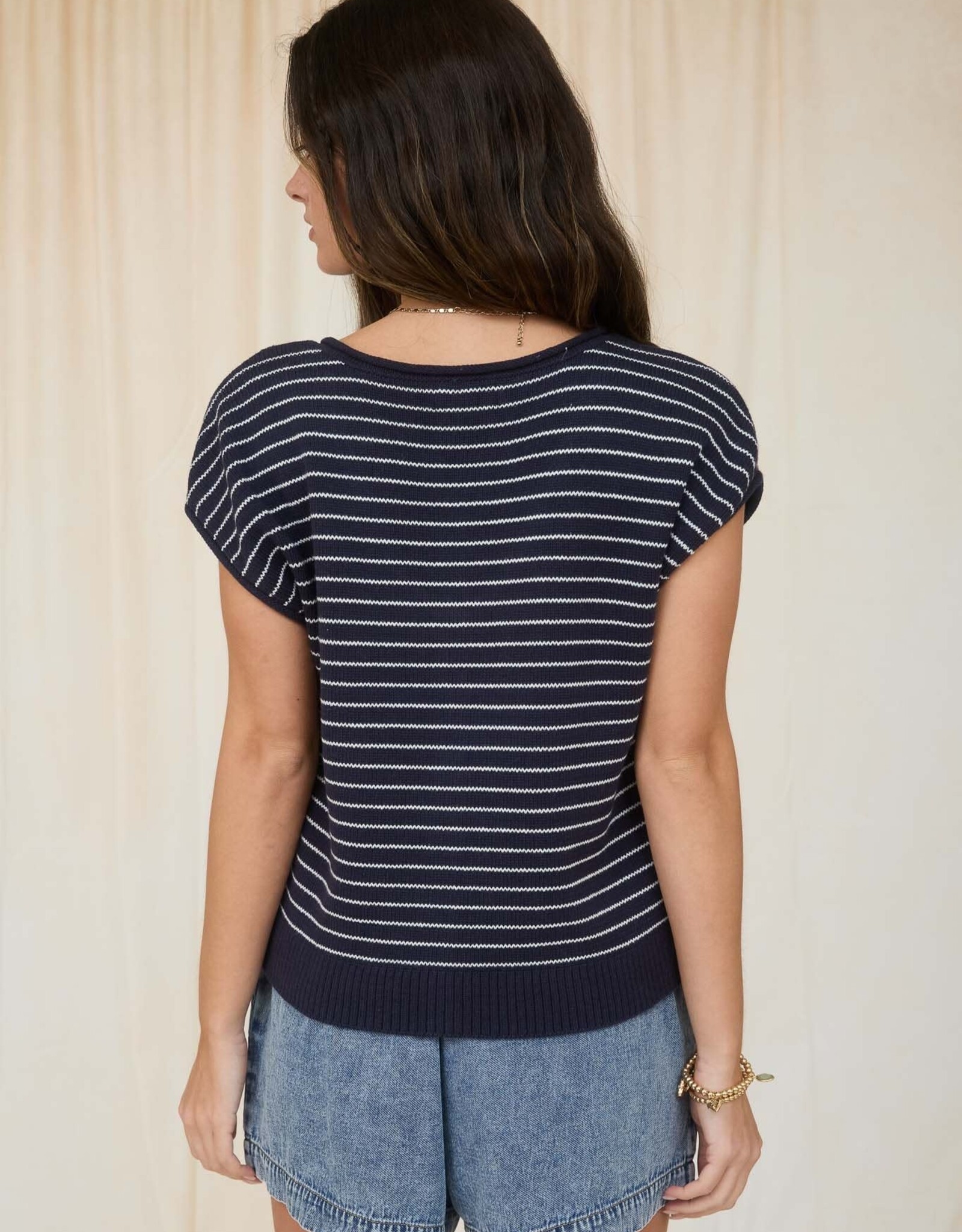 Miss Bliss Workshop Stripe Scoop Neck Button Up Top-Navy