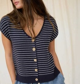 Miss Bliss Stripe Scoop Neck Button Up Top-Navy