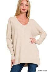 Miss Bliss Zen Relaxed Fit V Neck Front Seam Sweater- Sand Beige