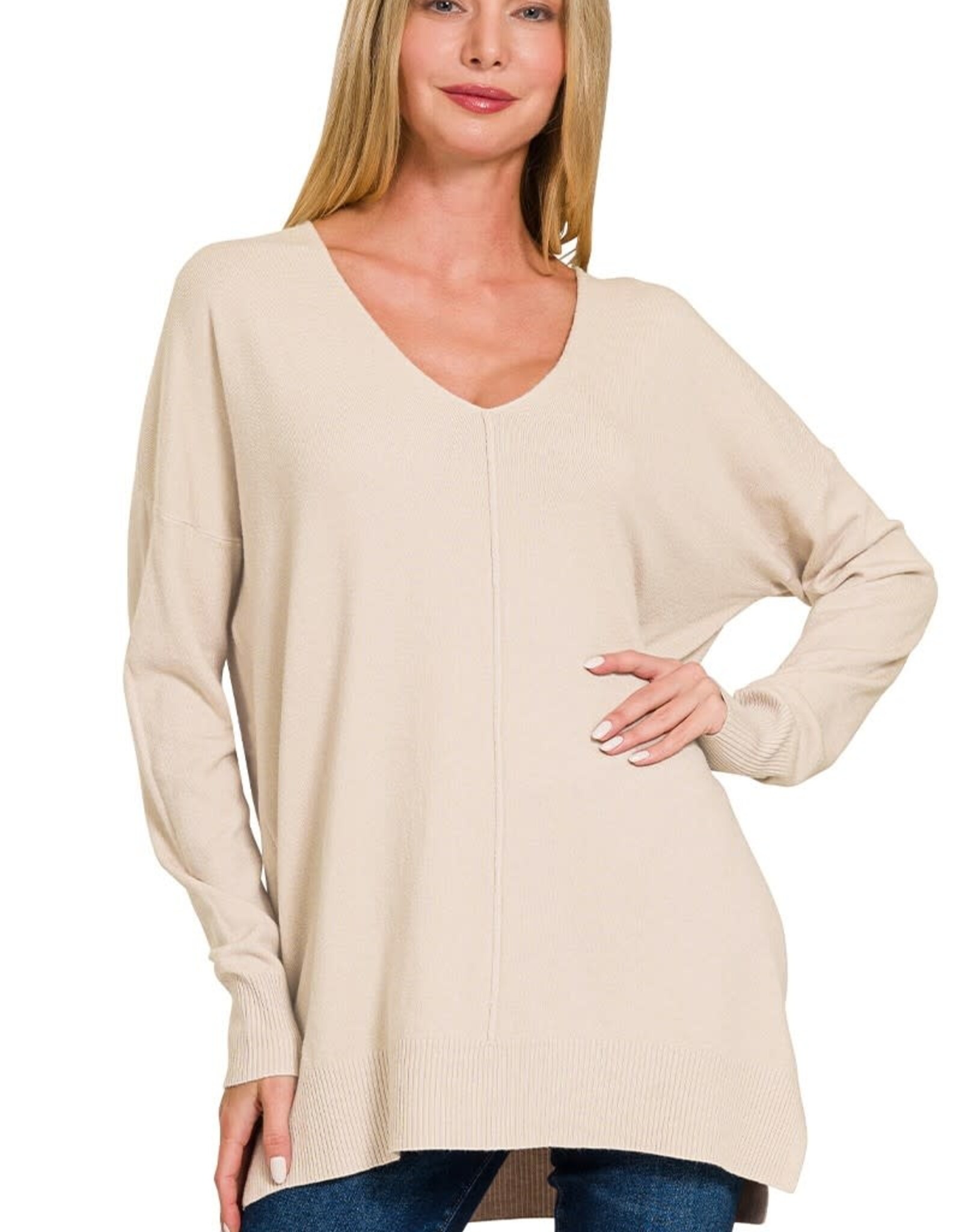 Miss Bliss Zen Relaxed Fit V Neck Front Seam Sweater- Sand Beige