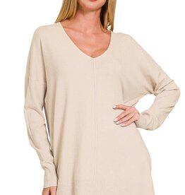 Miss Bliss Relaxed V Neck Front Seam Sweater- Sand Beige