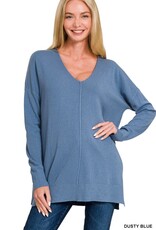 Miss Bliss Zen Relaxed Fit V Neck Front Seam Sweater- Dusty Blue