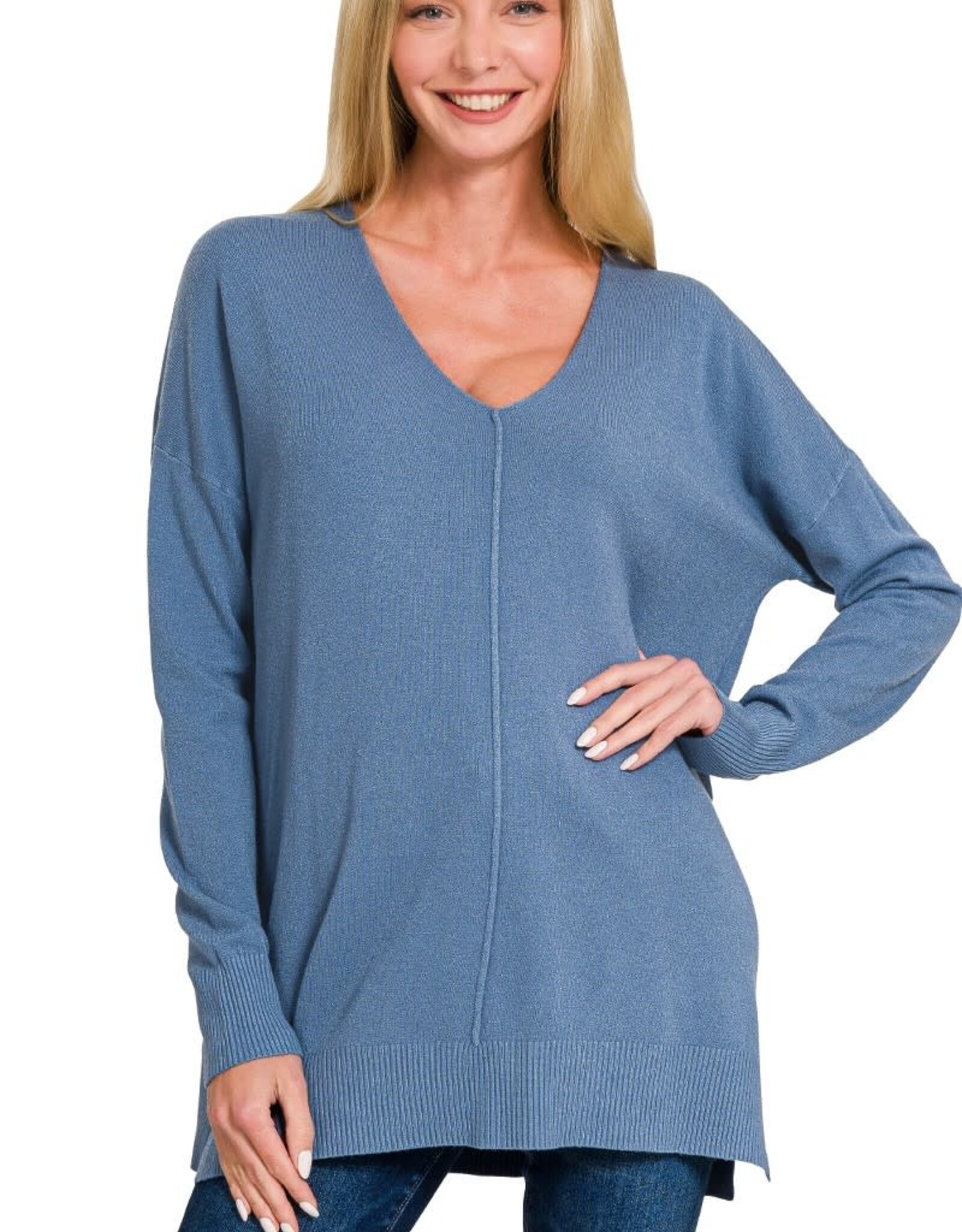 Miss Bliss Zen Relaxed Fit V Neck Front Seam Sweater- Dusty Blue