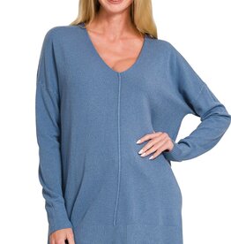 Miss Bliss Relaxed V Neck Front Seam Sweater-Dusty Blue