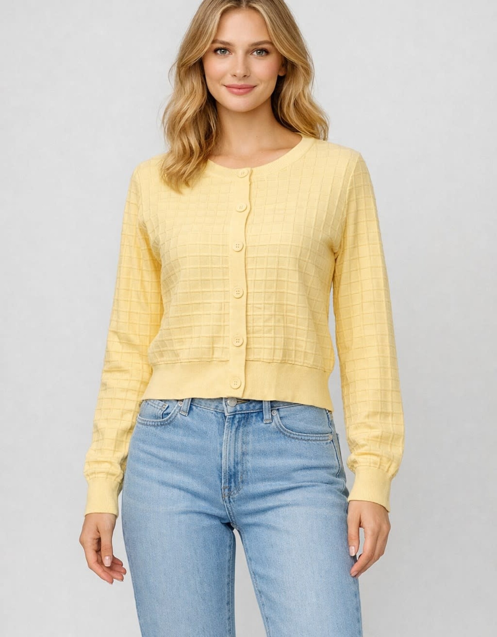 Miss Bliss Dream Textured Grid Knit Cardigan-Yellow