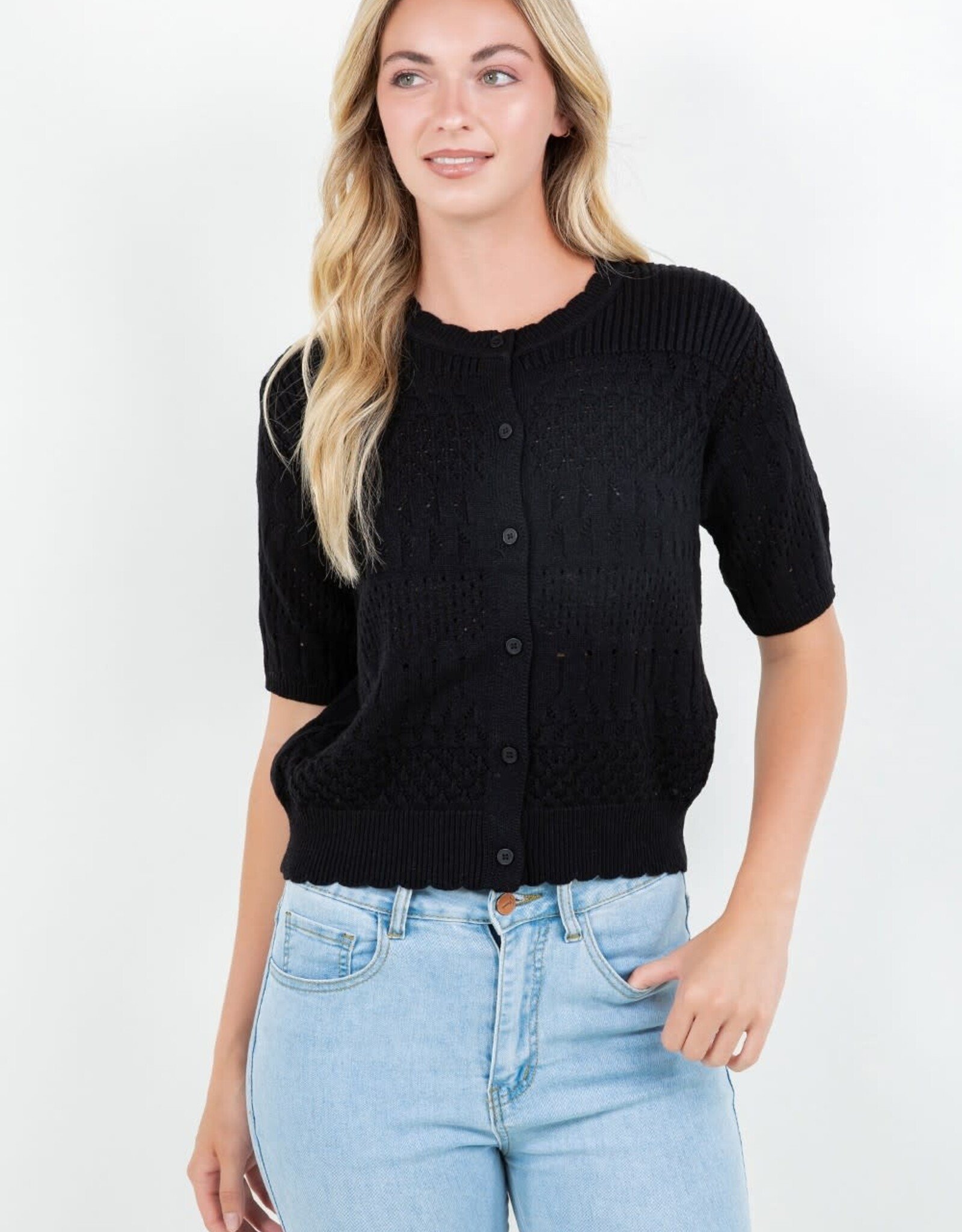 Miss Bliss Dream Pointelle Knit Short Sleeve Cardigan-Black