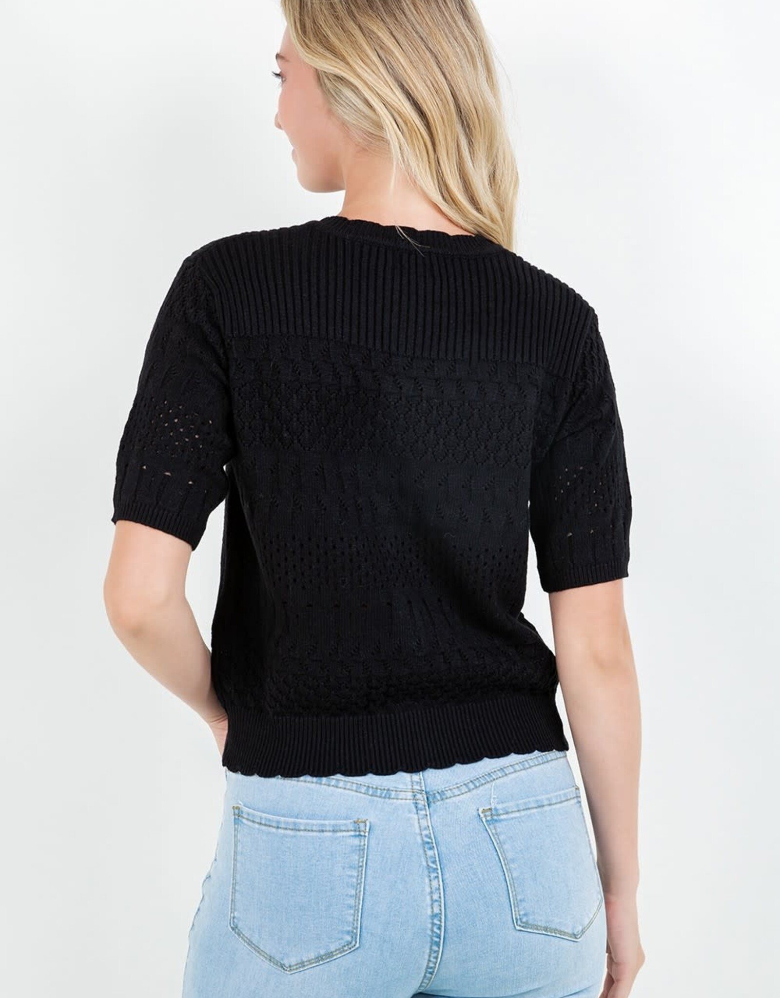 Miss Bliss Dream Pointelle Knit Short Sleeve Cardigan-Black