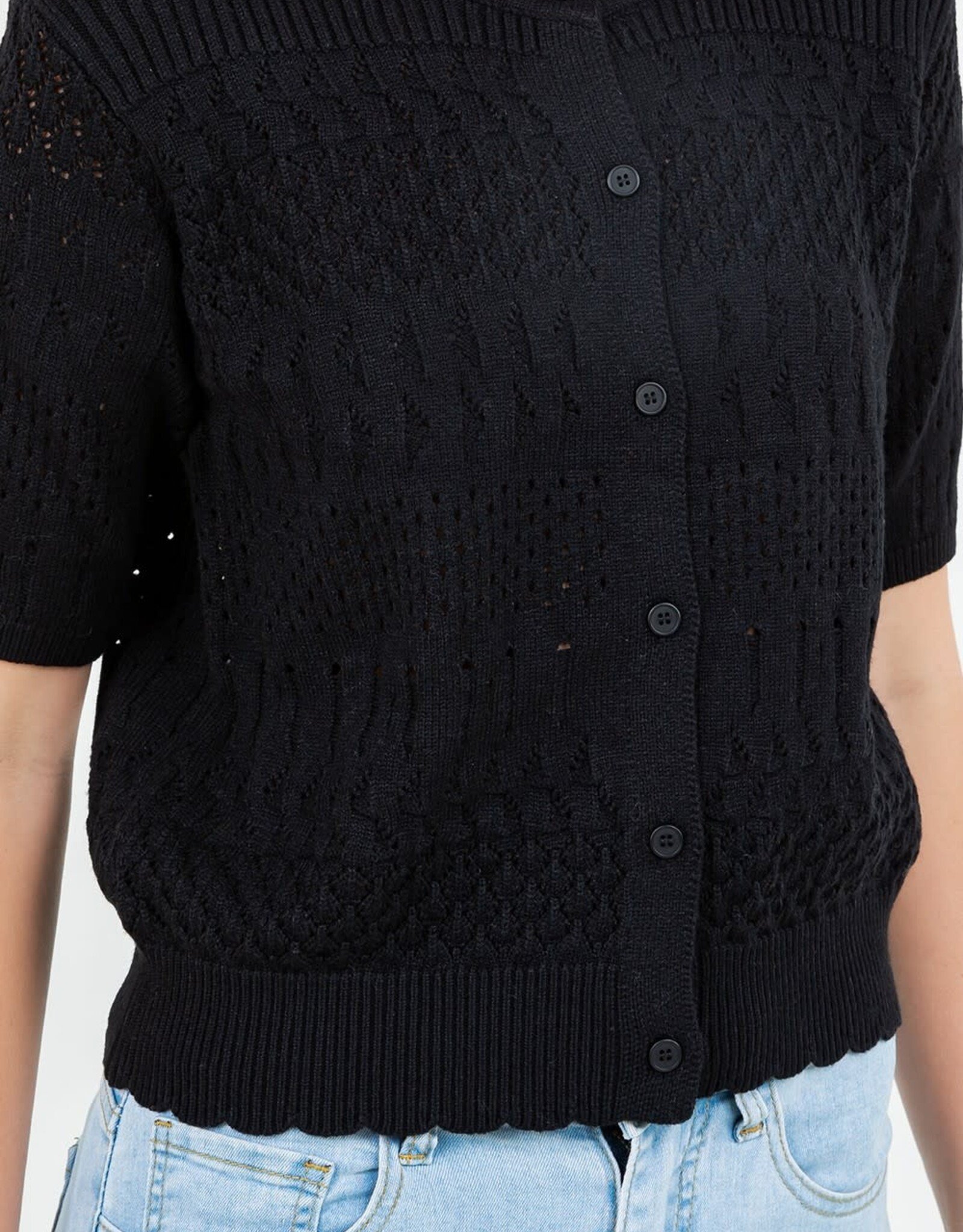 Miss Bliss Dream Pointelle Knit Short Sleeve Cardigan-Black