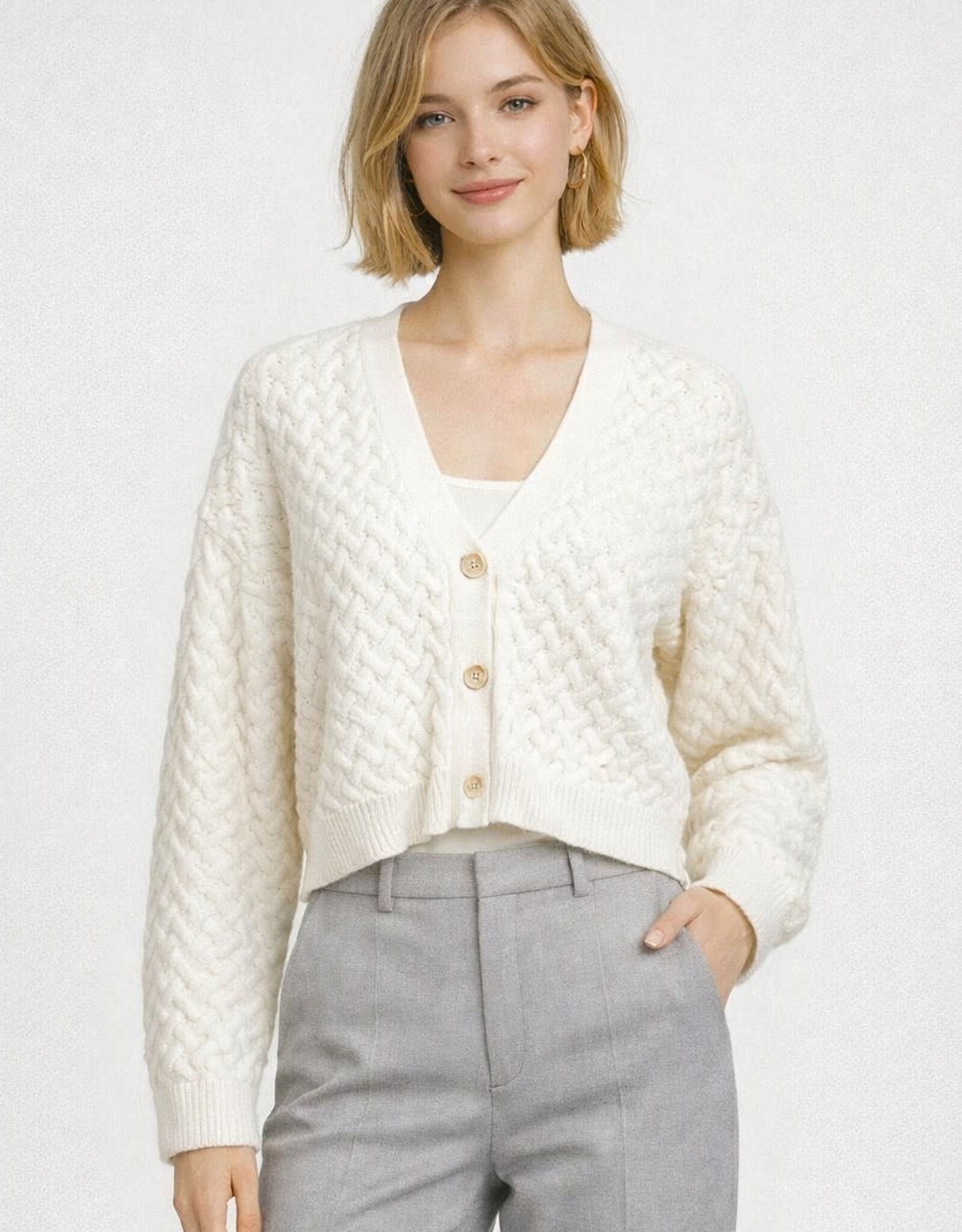 Miss Bliss Dream Cotton Textured Cross-knit Crop Cardigan-Ivory