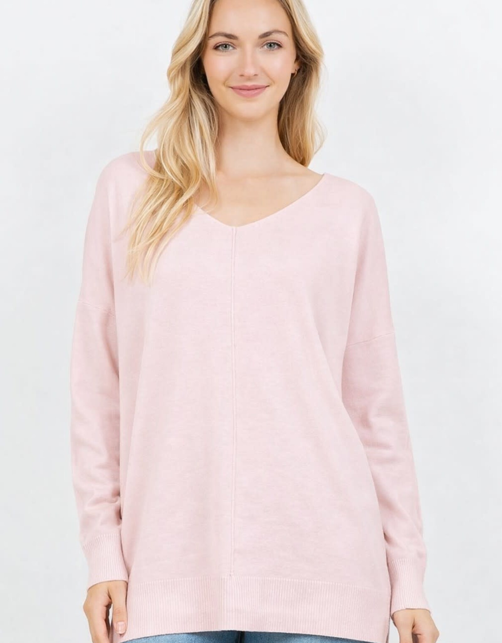 Miss Bliss Dream Long V-neck Sweater With Front Seam- H Pink Salt