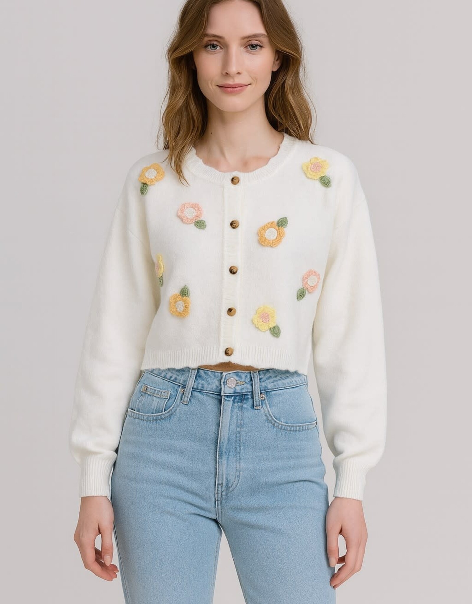 Miss Bliss Dream Garden Bloom Embroidered Cardigan-Off White/Multi