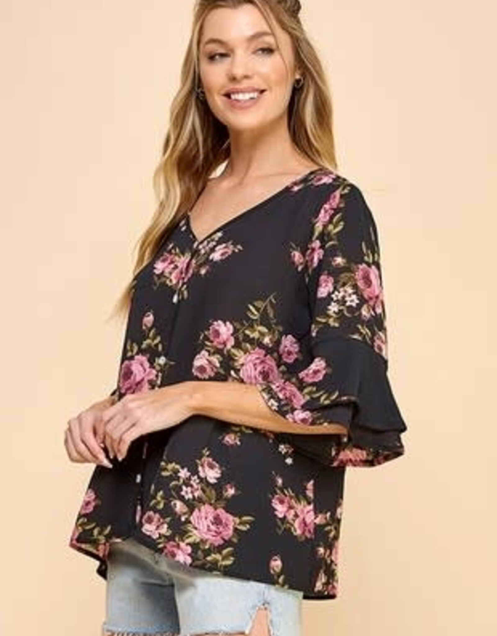 Miss Bliss CC Sadie Floral 3/4 Sleeve Blouse-Blk/Pink