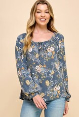 Miss Bliss CC Floral Ls Blouse W Tie Scoop Neck-Denim/Nvy