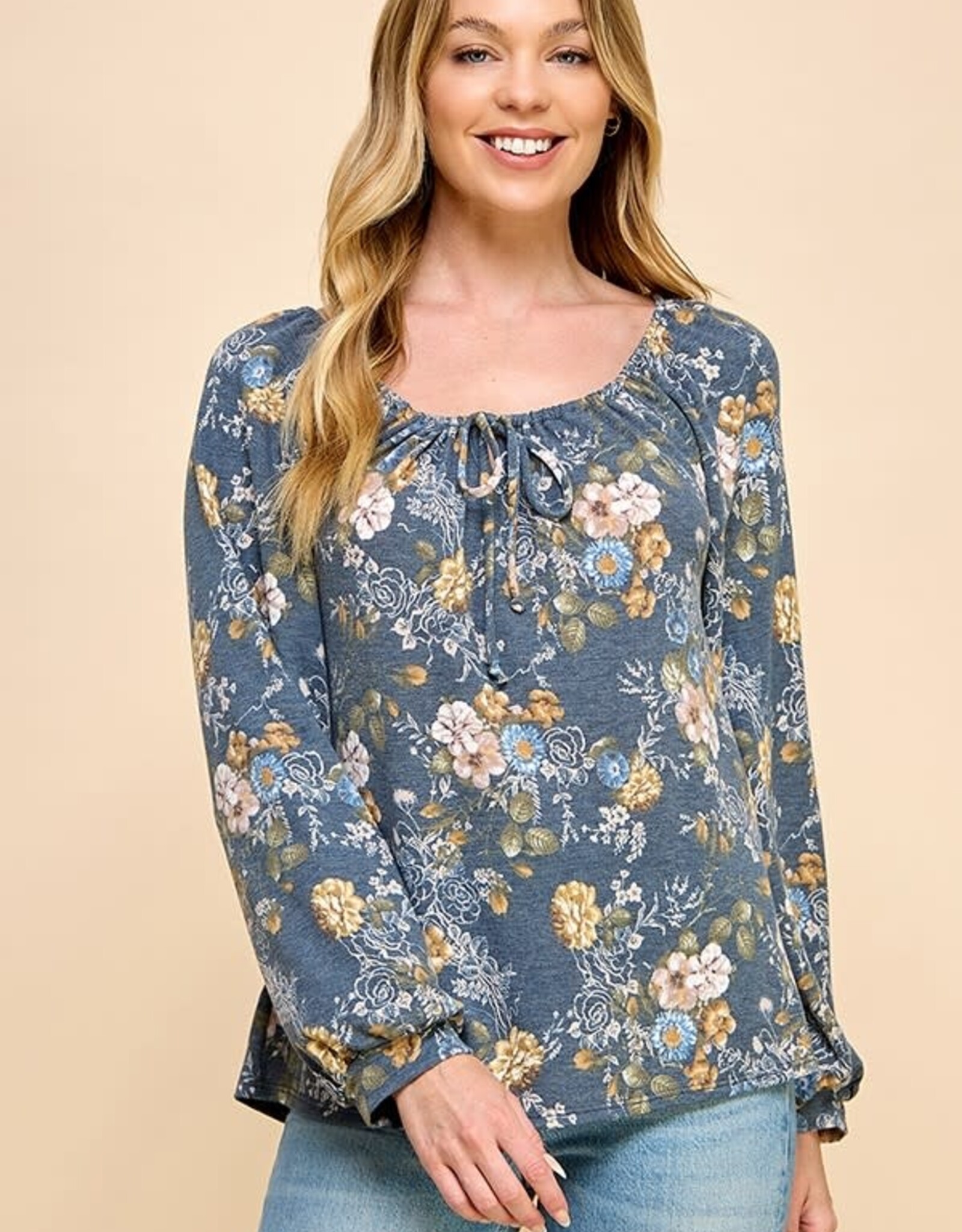 Miss Bliss CC Floral Ls Blouse W Tie Scoop Neck-Denim/Nvy