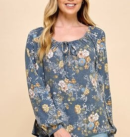 Miss Bliss Denim & Floral Scoop Neck Blouse