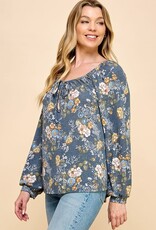 Miss Bliss CC Floral Ls Blouse W Tie Scoop Neck-Denim/Nvy