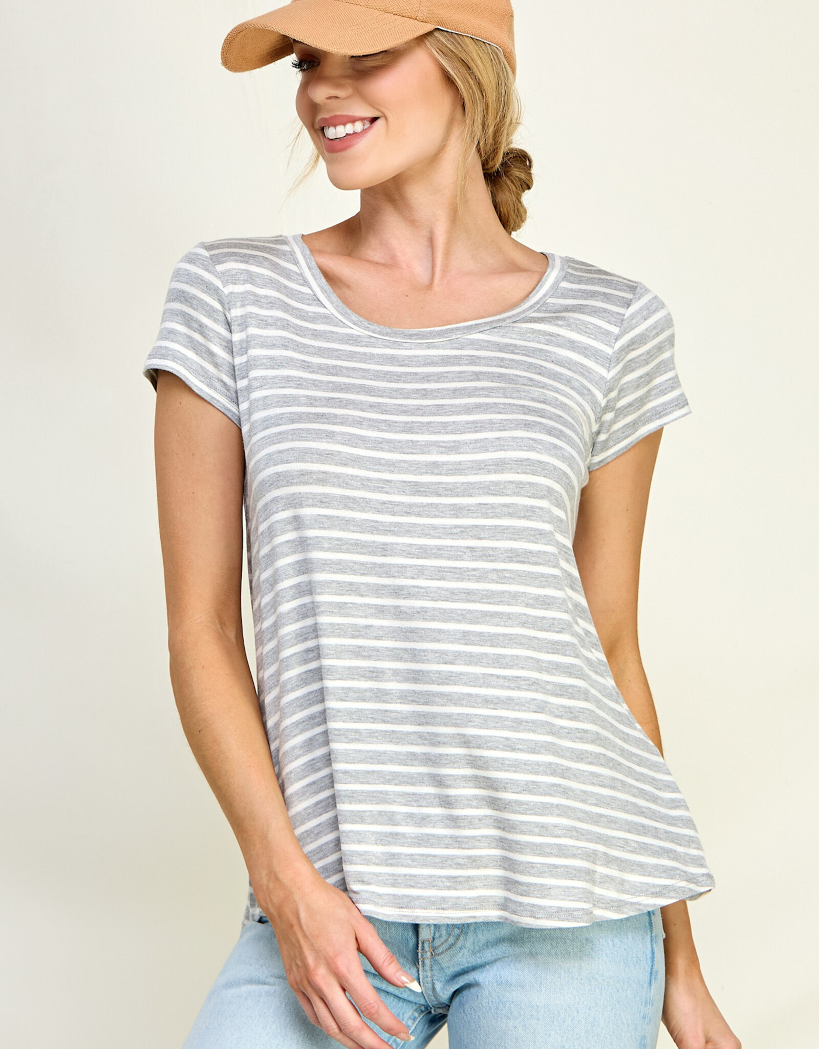 Miss Bliss CC Striped SS Top- H Grey/White