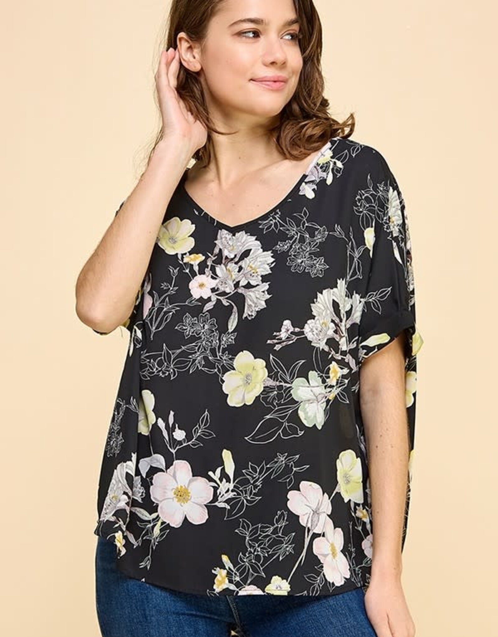 Miss Bliss CC Printed Floral SS Blouse-Black/Multi