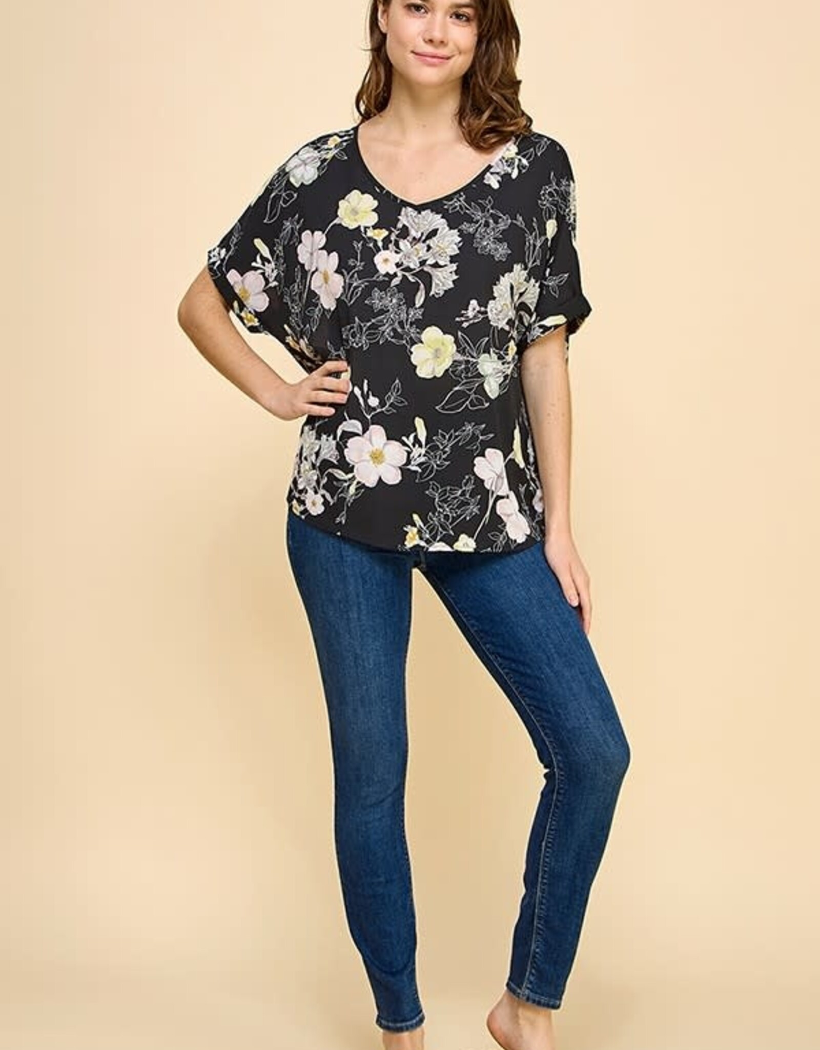Miss Bliss CC Printed Floral SS Blouse-Black/Multi