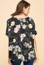 Miss Bliss CC Printed Floral SS Blouse-Black/Multi