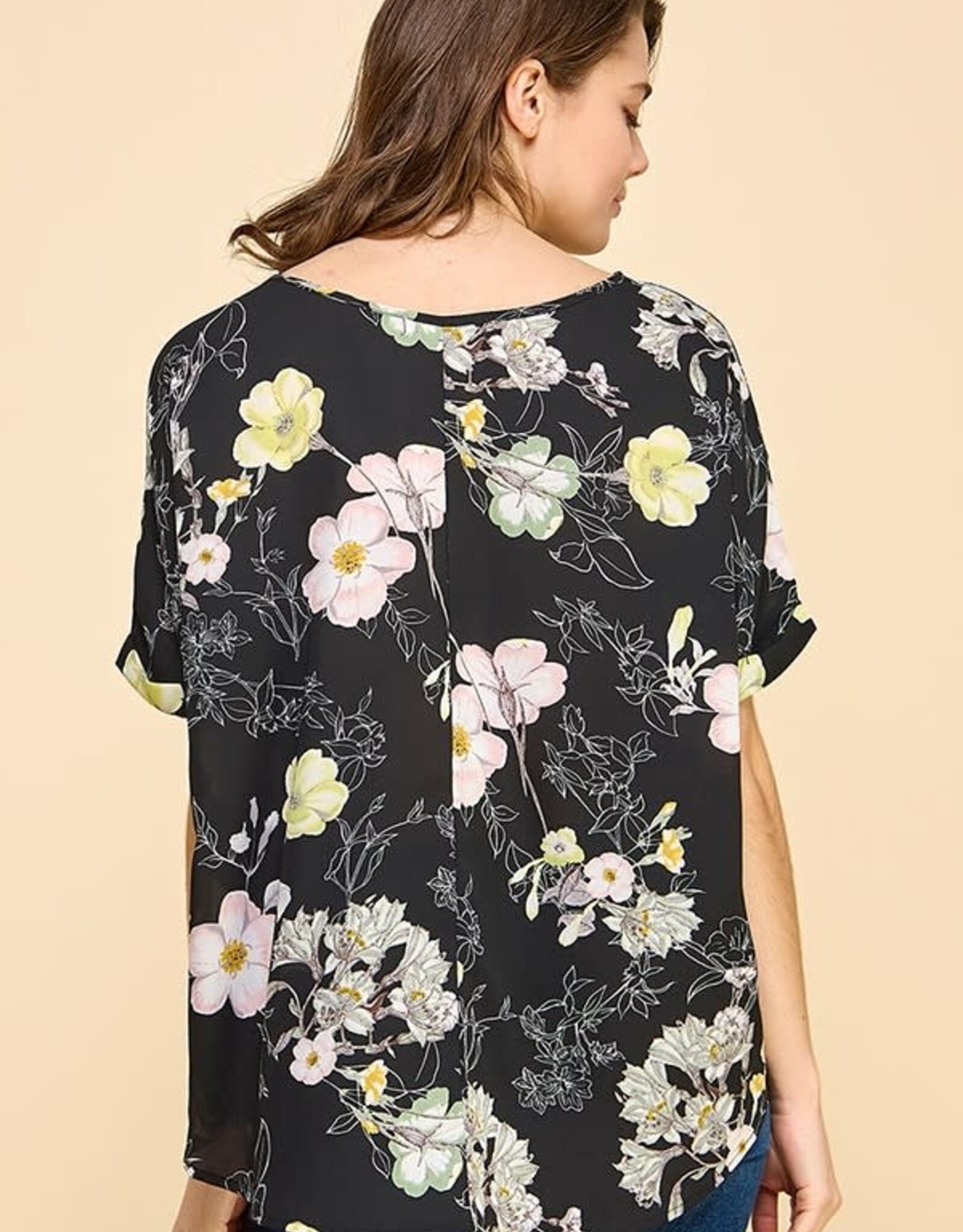 Miss Bliss CC Printed Floral SS Blouse-Black/Multi