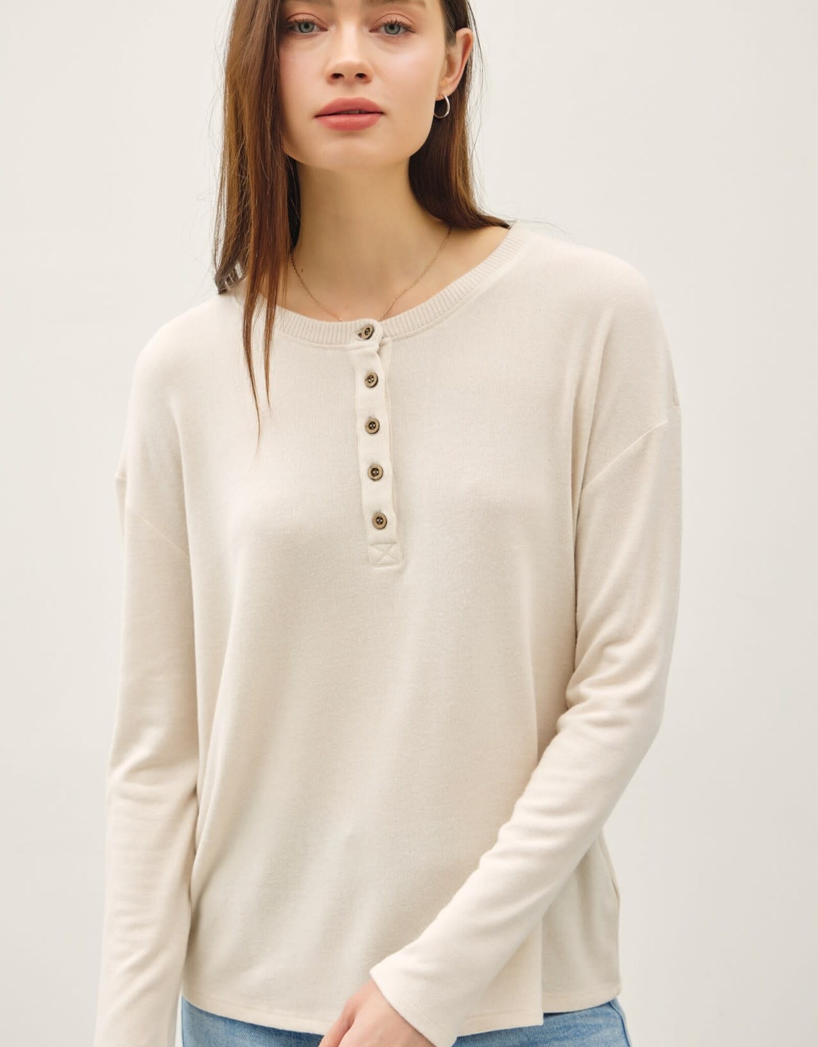 Miss Bliss BC Buttery Soft Hacci Henley Top- Oatmeal