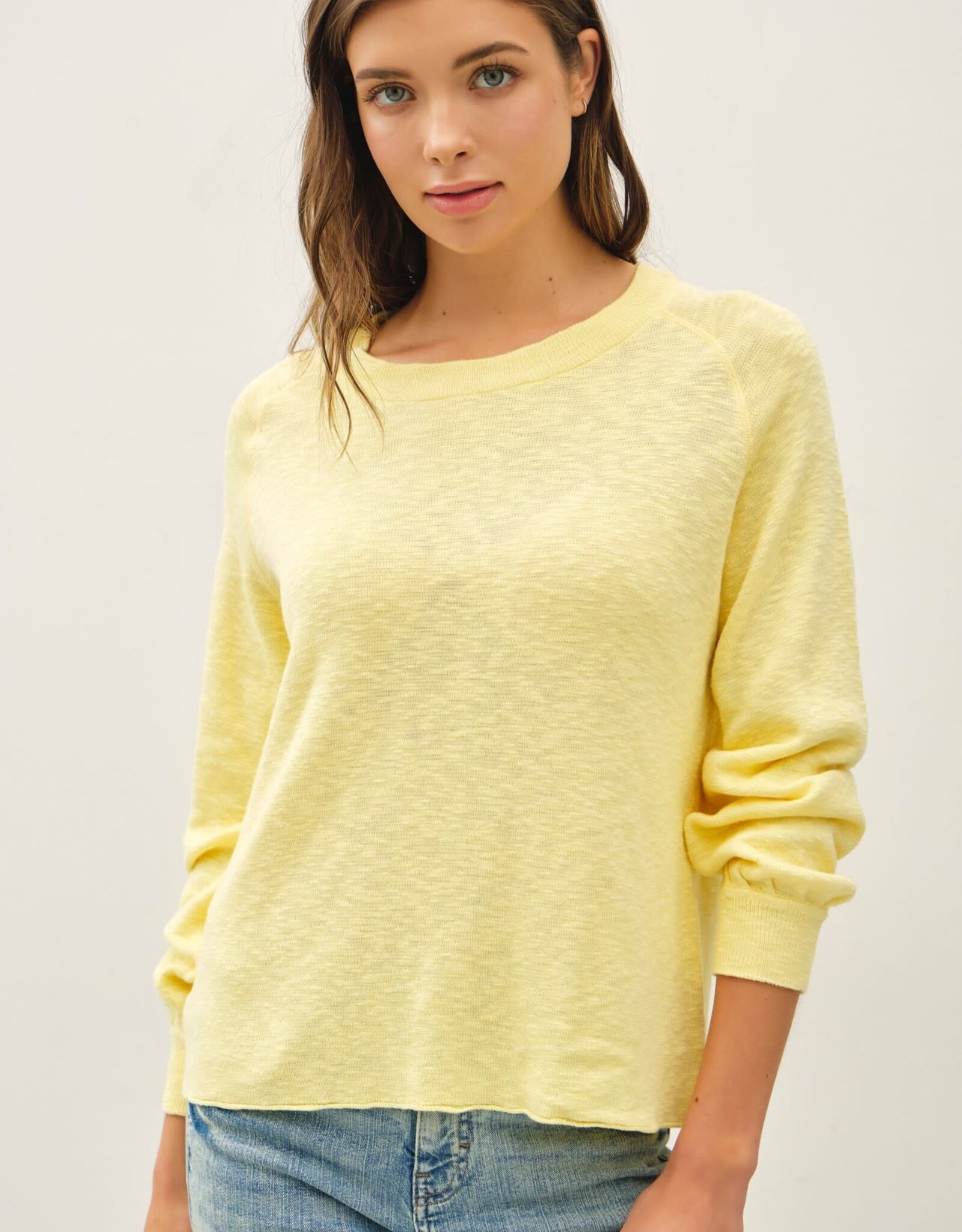 Miss Bliss Raglan Ls POver Slub Yarn Knit Sweater-Lemon