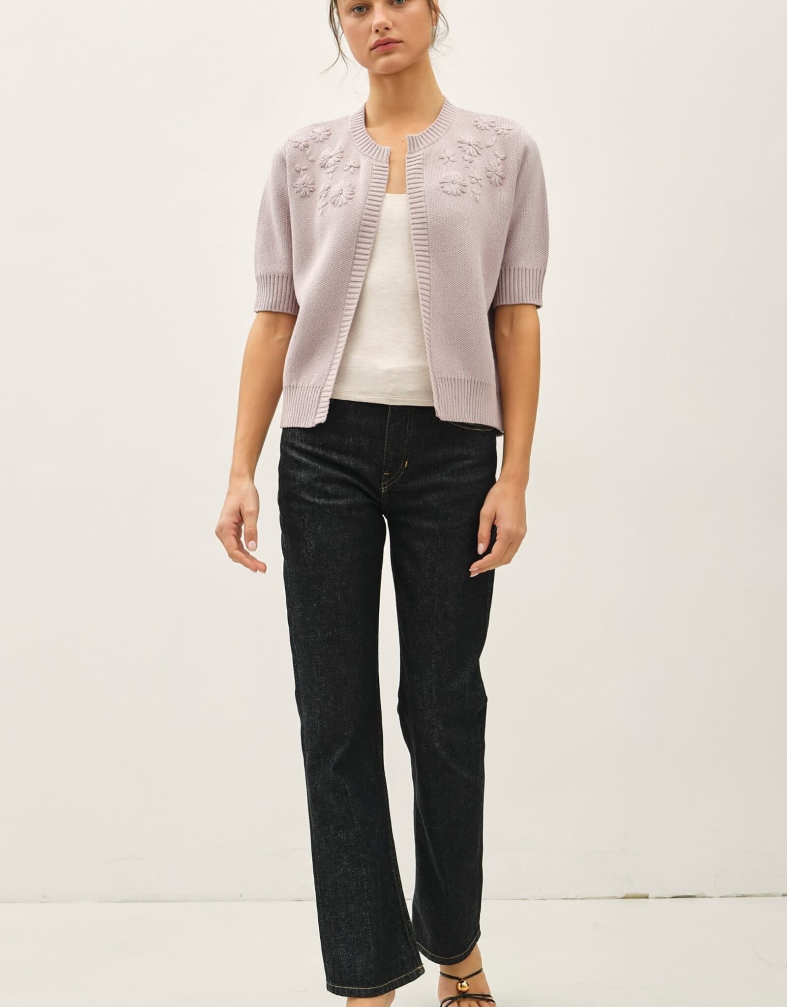Miss Bliss BC Daisy Embo Short Sleeve Open Cardigan-Lilac