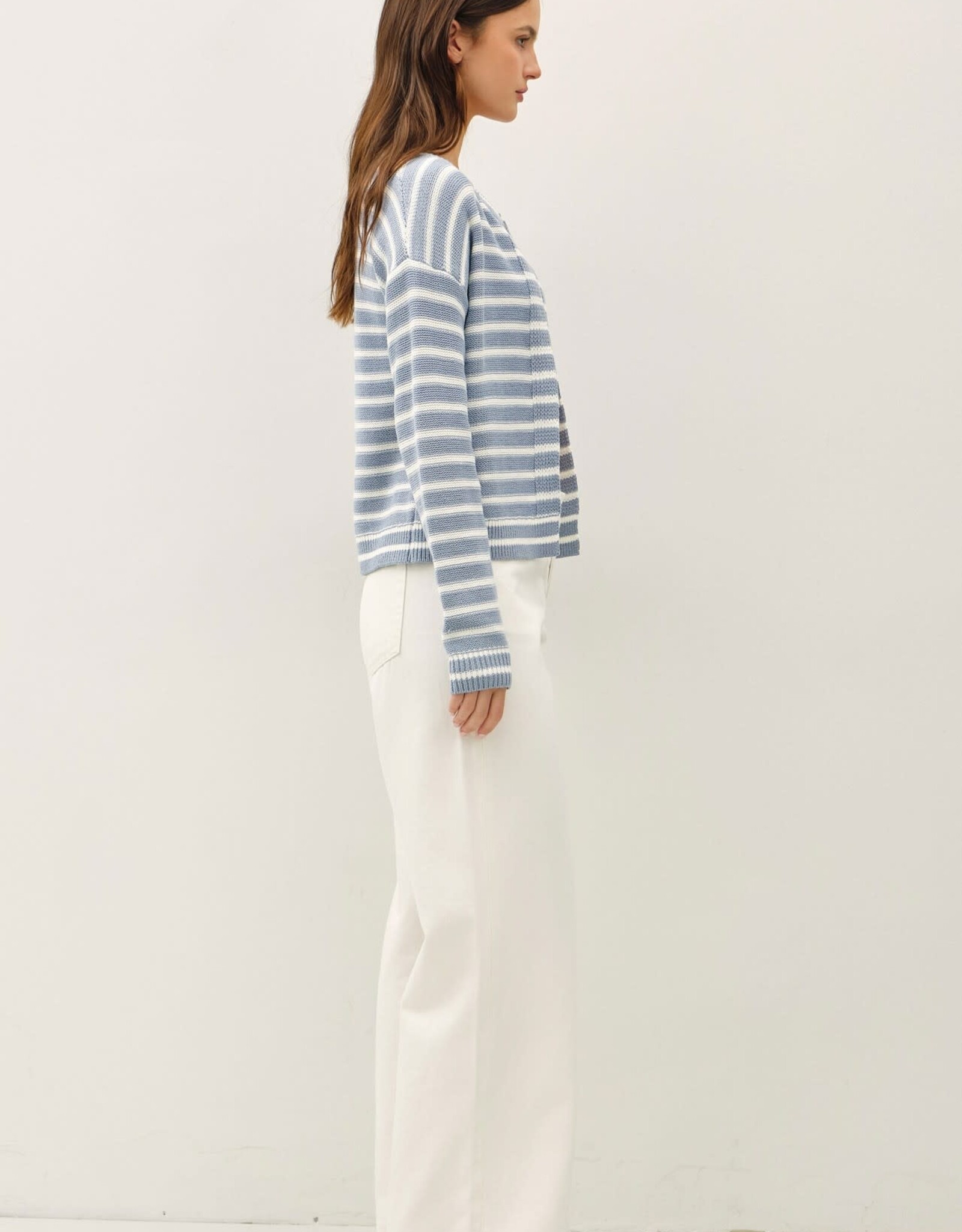 Miss Bliss BC Striped Ribbed Open Cardigan-Sky Blue