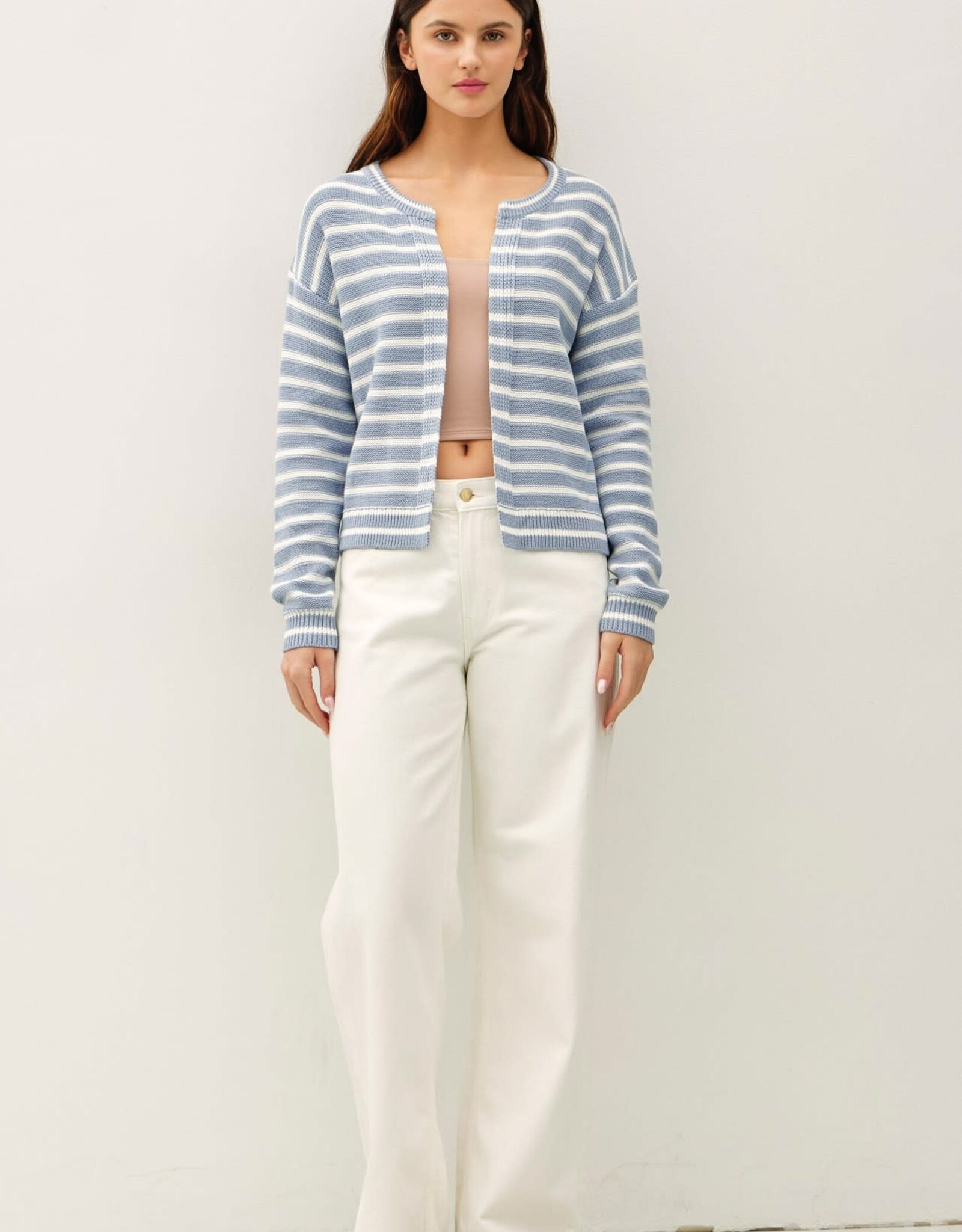 Miss Bliss BC Striped Ribbed Open Cardigan-Sky Blue