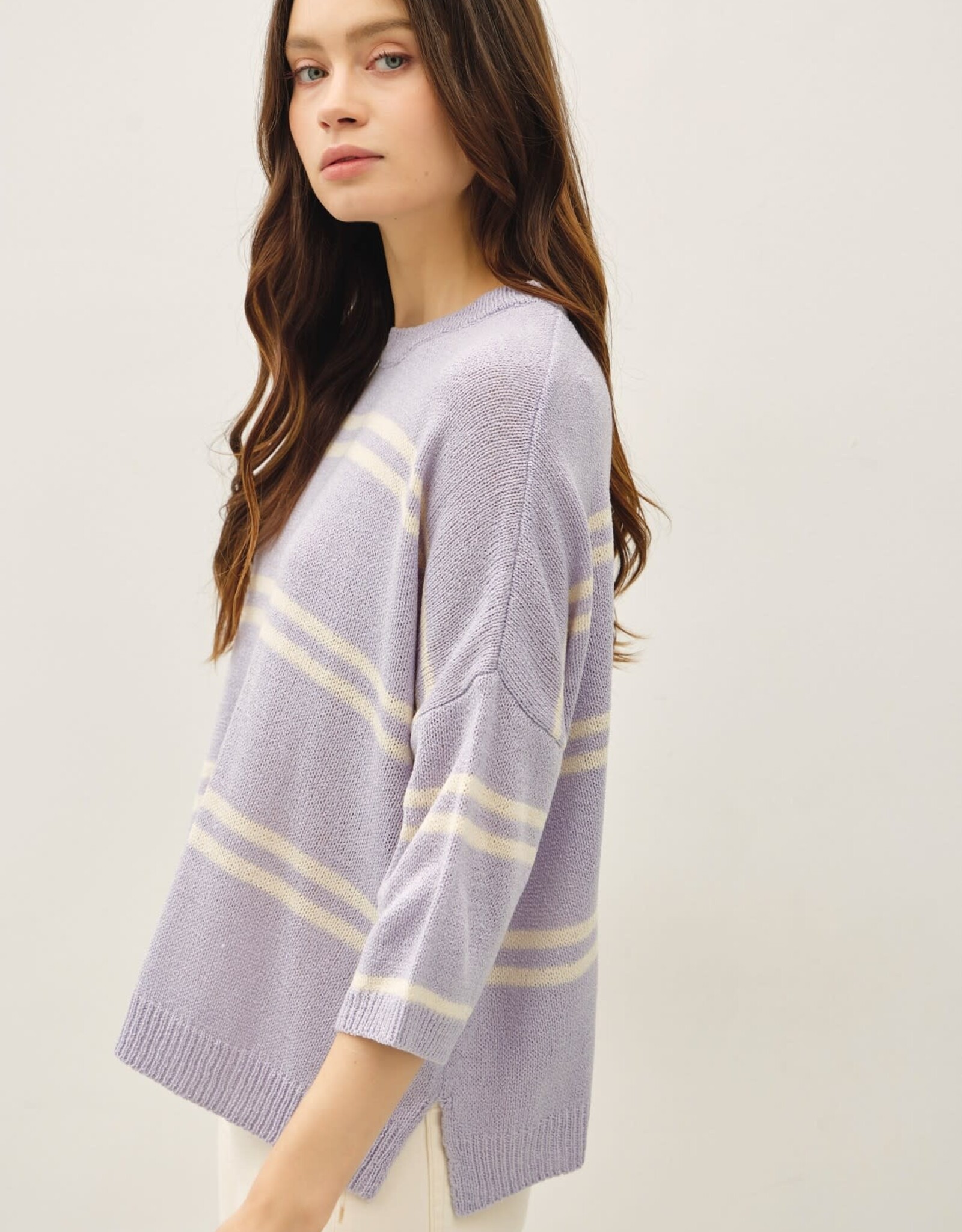 Miss Bliss Drop Shoulder Striped Sweater Top-Pewter