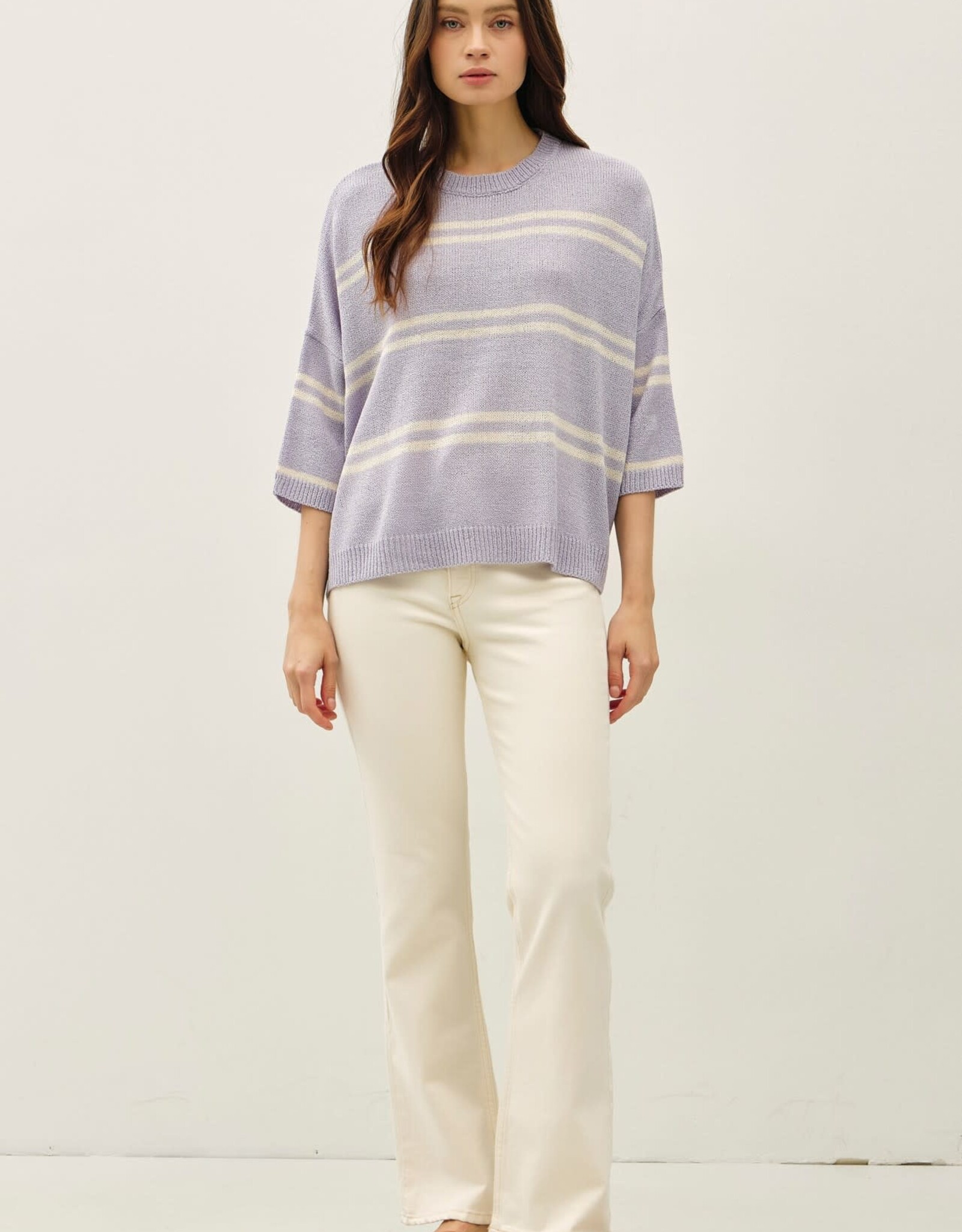 Miss Bliss Drop Shoulder Striped Sweater Top-Pewter