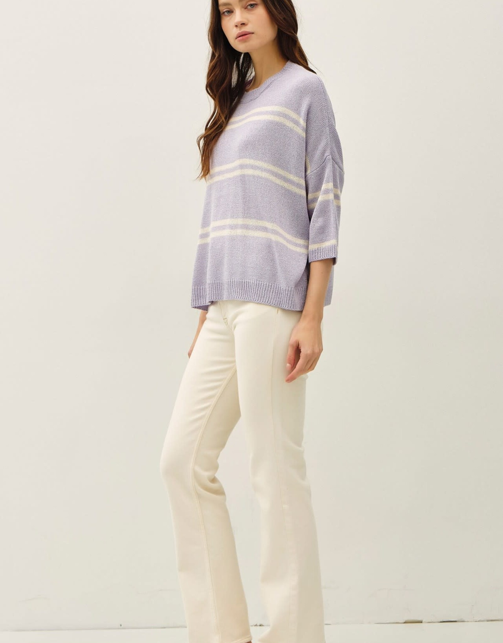 Miss Bliss Drop Shoulder Striped Sweater Top-Pewter