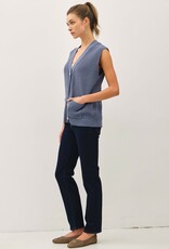 Miss Bliss Varsity Button Up Swter Vest W Pckts-Denim
