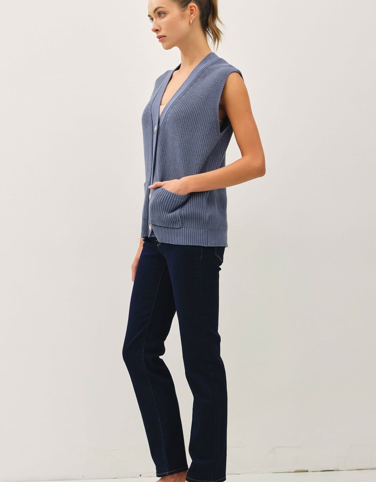Miss Bliss Varsity Button Up Swter Vest W Pckts-Denim