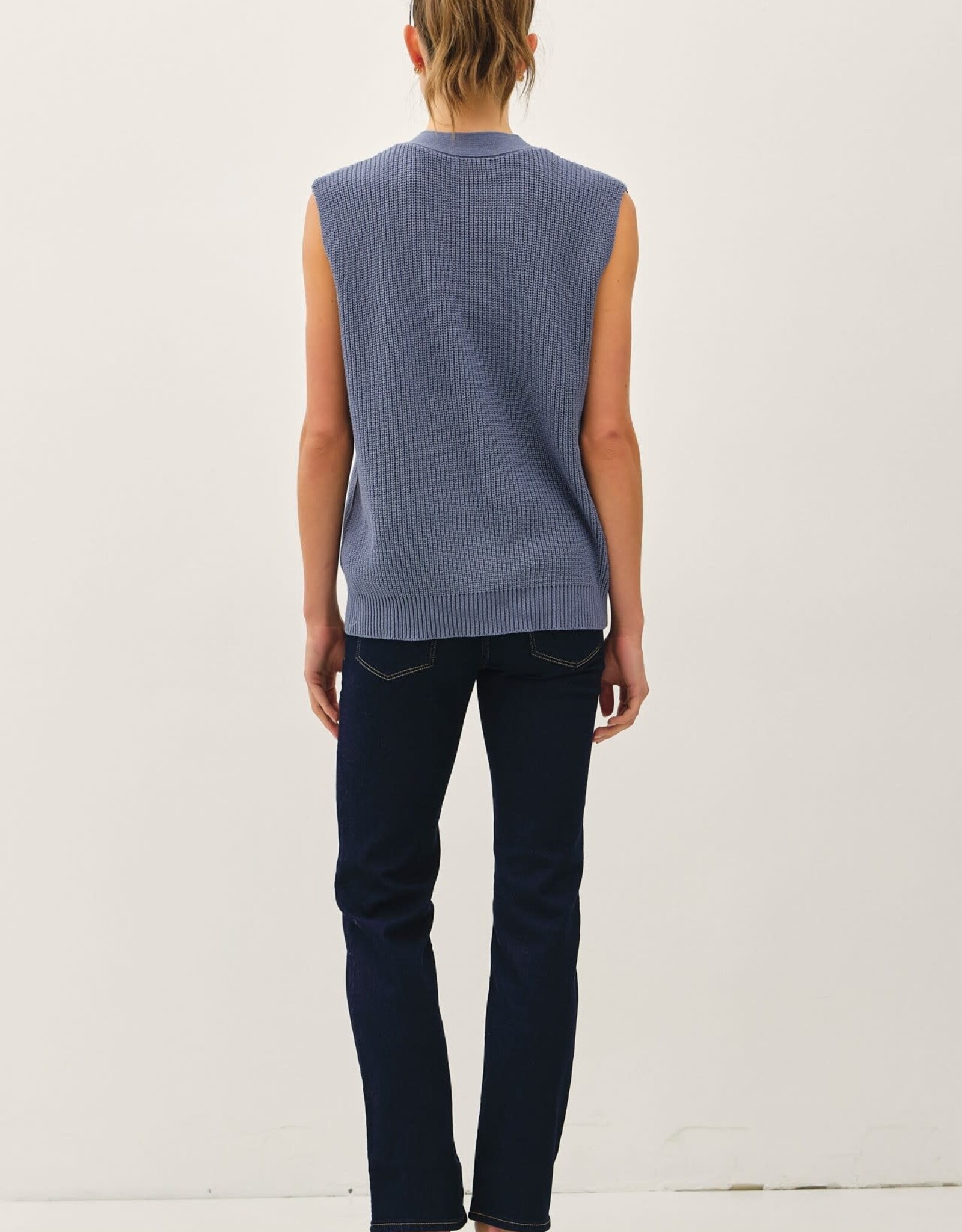 Miss Bliss Varsity Button Up Swter Vest W Pckts-Denim