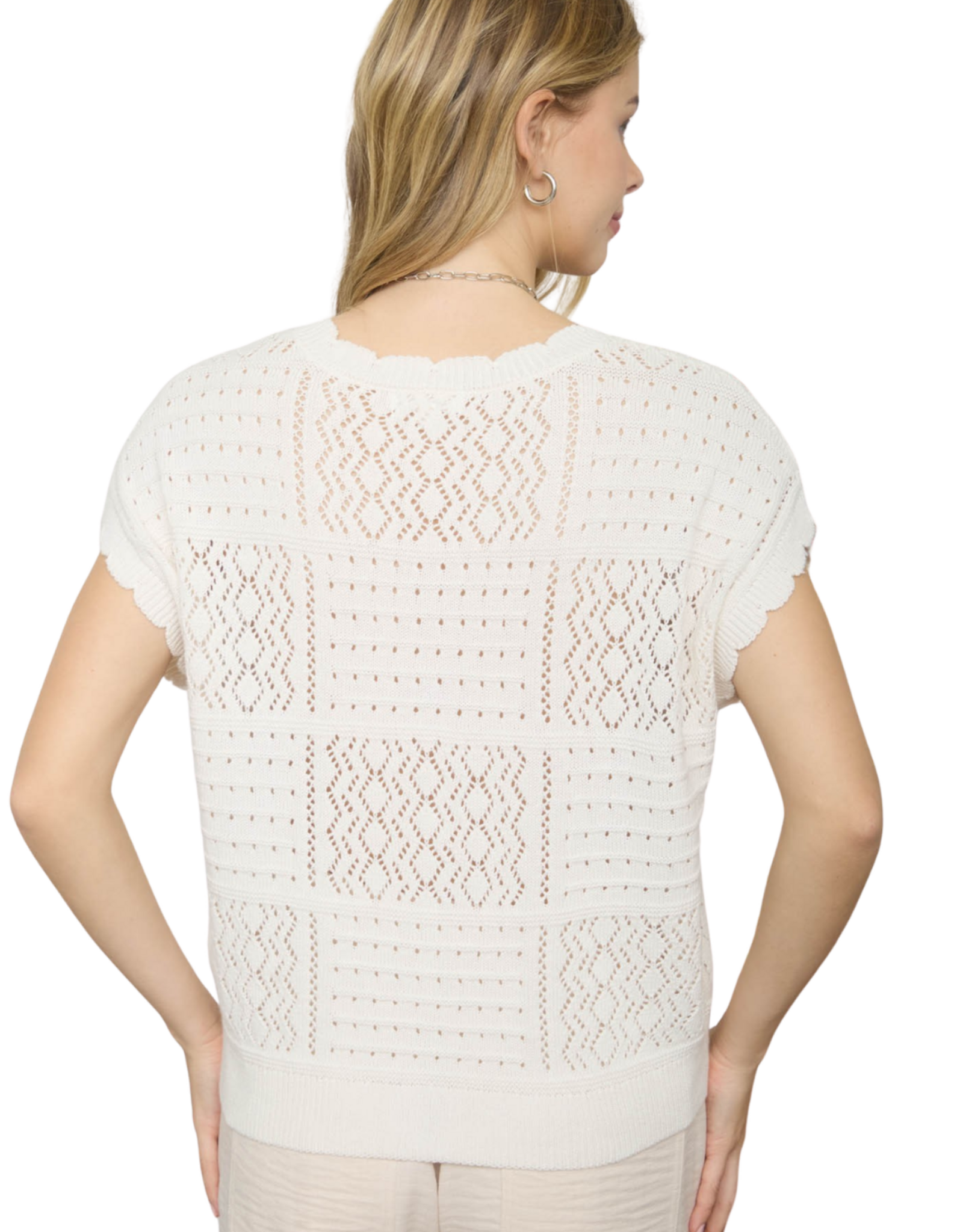 Miss Bliss Blu Cotton Pattern Scallop Trim SS Cardigan-Cream