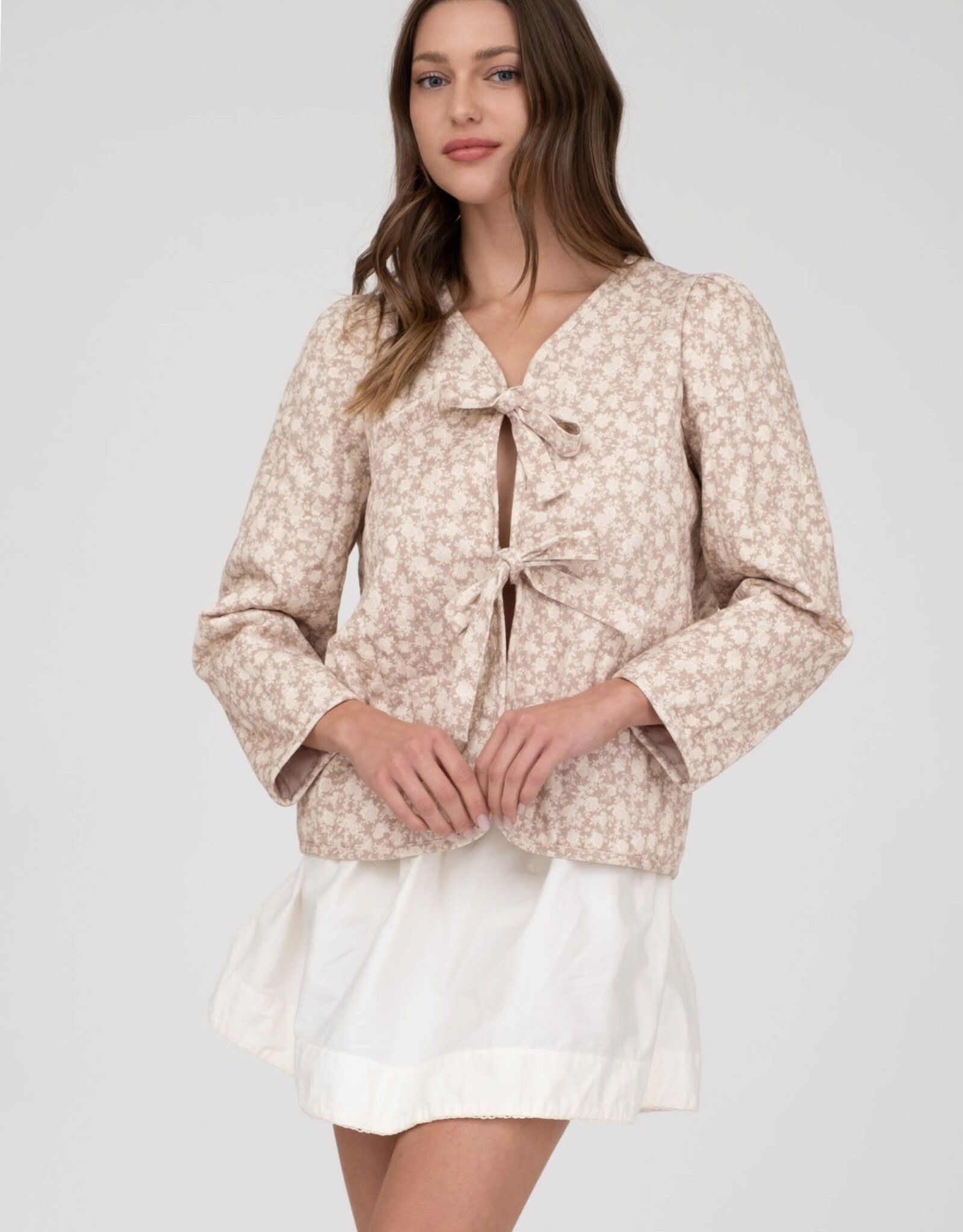 Blu Floral Pattern Front Tie Jacket-Lt Taupe