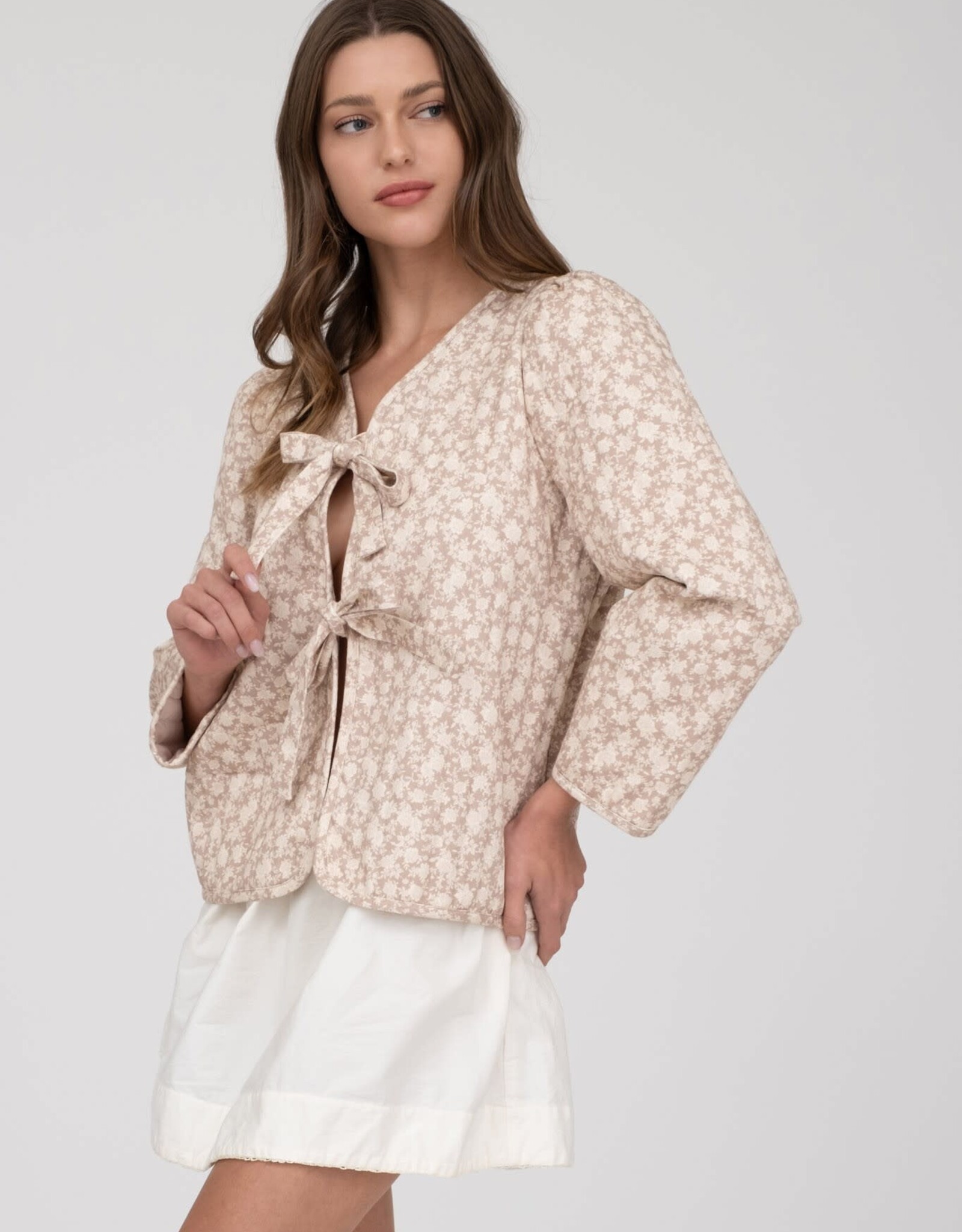 Blu Floral Pattern Front Tie Jacket-Lt Taupe