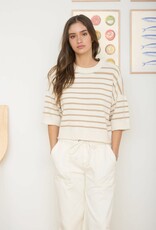Miss Bliss Blu Stripe Raw Edge Drop Shldr Ss Sweater-Khaki