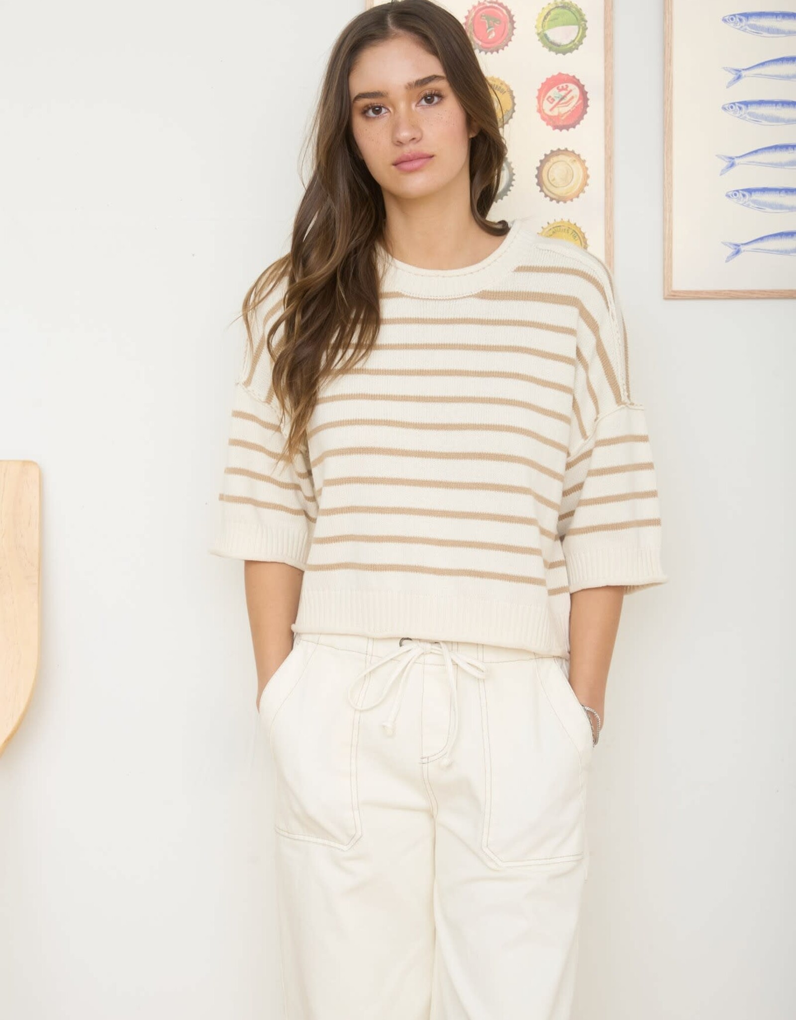 Miss Bliss Blu Stripe Raw Edge Drop Shldr Ss Sweater-Khaki