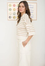 Miss Bliss Blu Stripe Raw Edge Drop Shldr Ss Sweater-Khaki